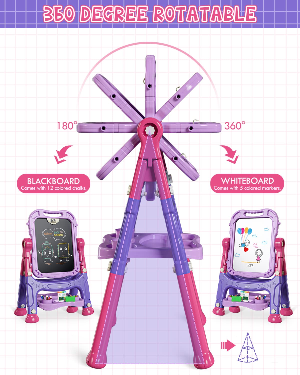 Lehoo Castle Easel for Kids, 4 in 1 Double Sided Kids Art Easel with Magnetic White Board & Chalk Board, Adjustable Standing Tod