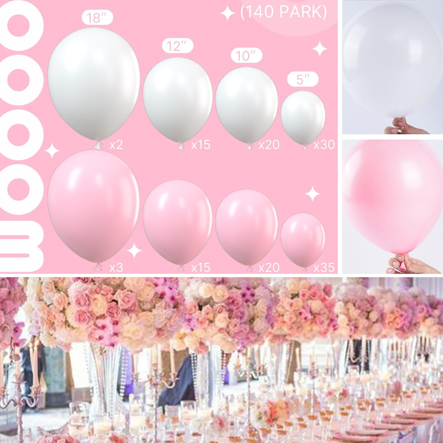 Partywoo Pink And White Balloons, 140 Pcs Pastel Pink And White Balloons Different Sizes Pack Of 18 Inch 12 Inch 10 Inch 5 Inch For Balloon Garland Or Arch As Birthday Decorations, Party Decorations