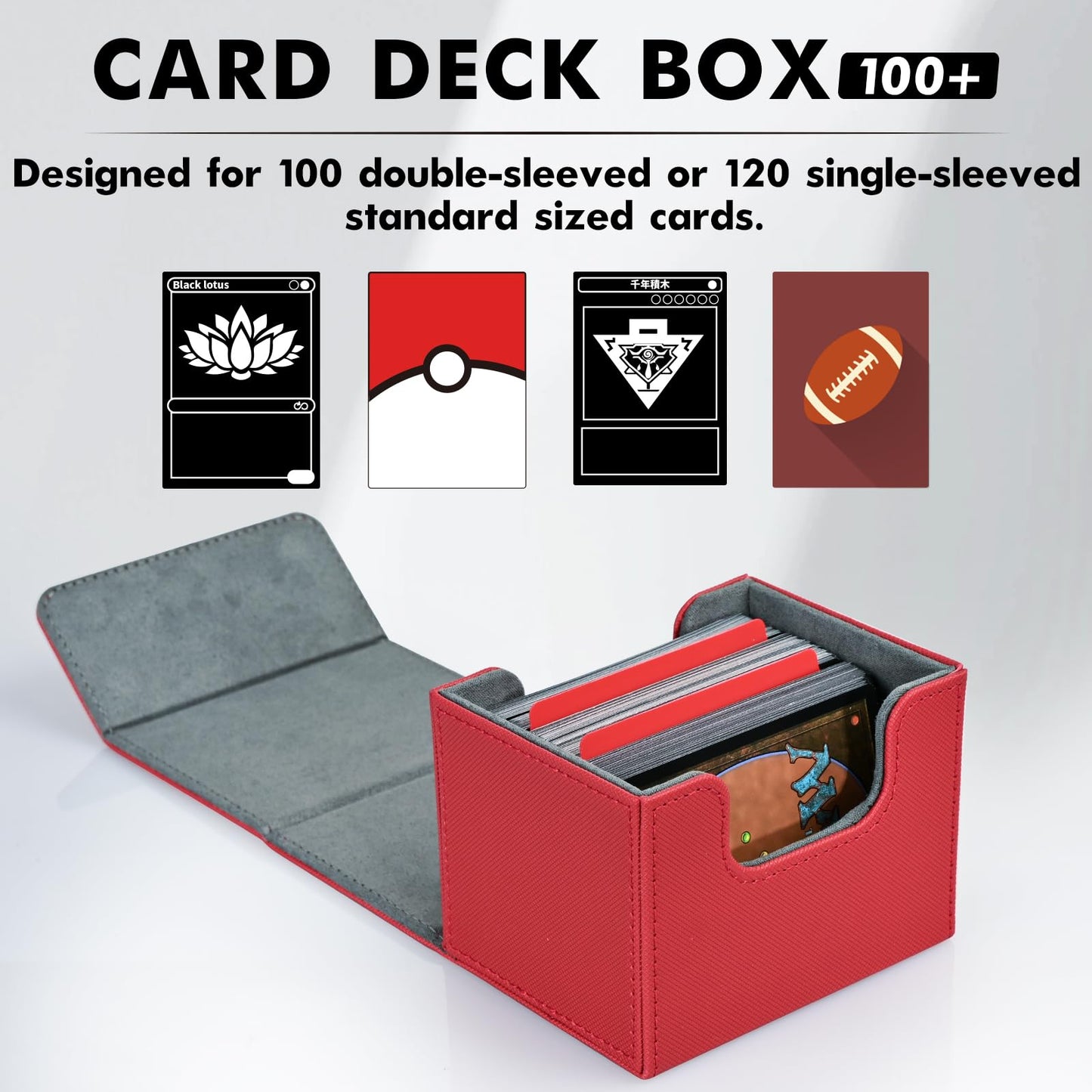 Zlca Card Deck Box For Trading Cards, Mtg Commander Deck Box Holds 120+ Single Sleeved Cards, Leather Magnetic Card Storage Box Fits For Tcg Ccg Magic Cards (Red)