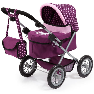 Bayer Design Dolls: Trendy Pram - Burgundy, Pink, Hearts - Includes Shoulder Bag, Fits Dolls Up To 18'', Adjustable Handle, Kids