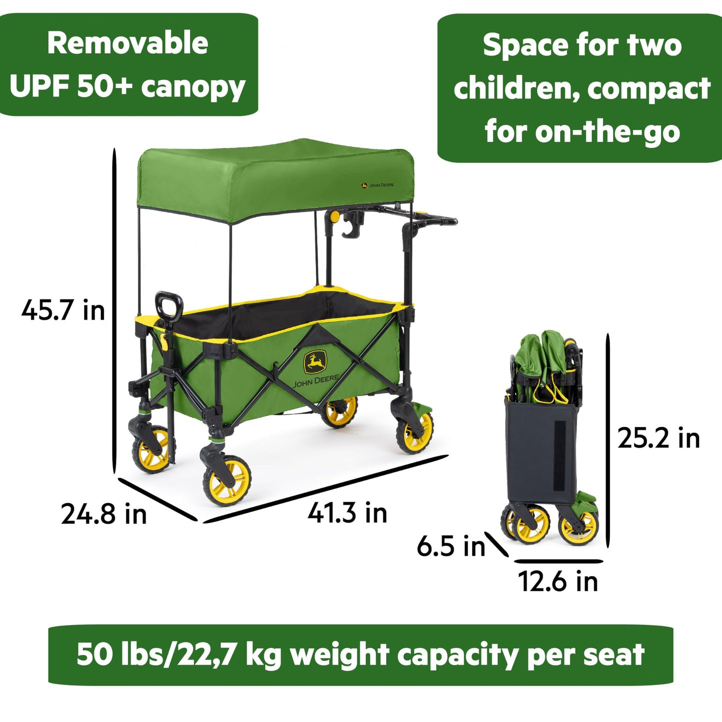 Bright Starts John Deere Pop 'N Ride Stroller Wagon, Foldable With Sun Shade 50+ Spf Protection, Seats 2 Kids At Once, Green & Y