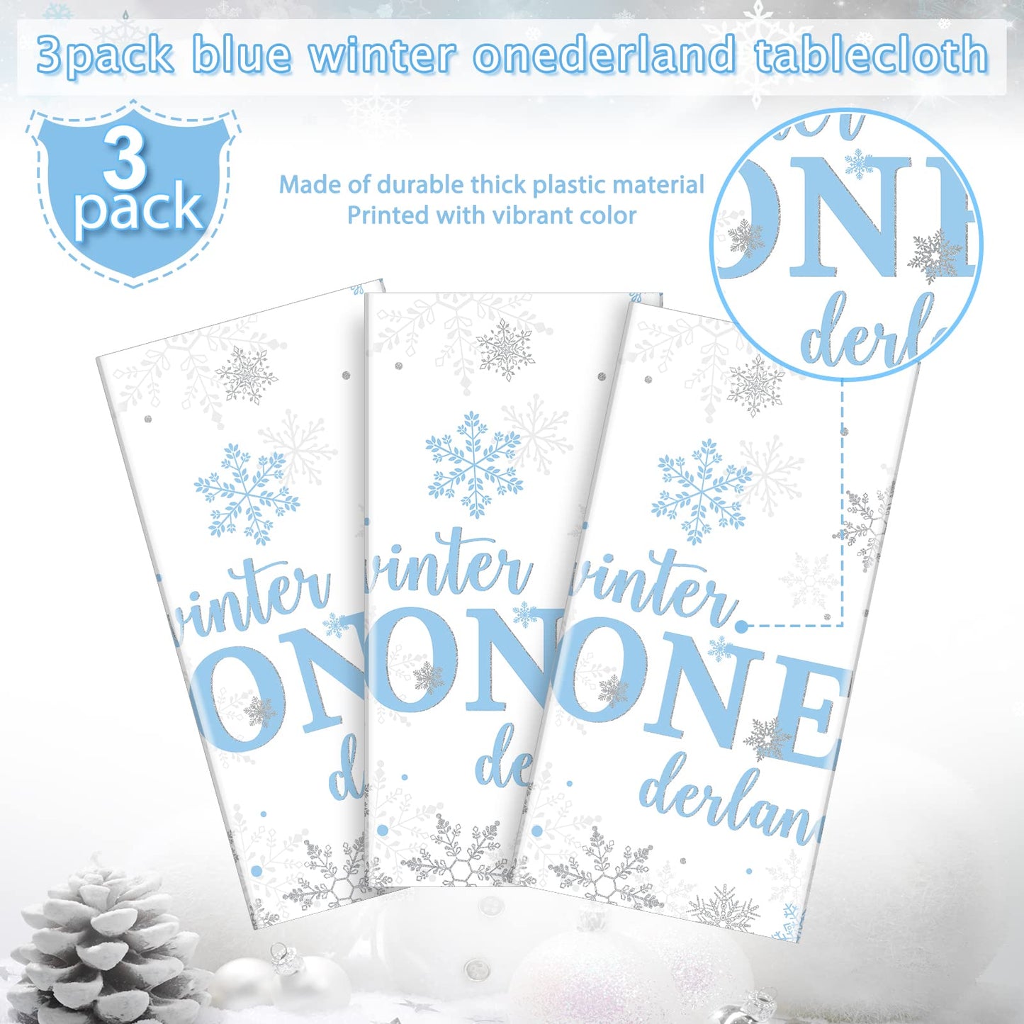 3Pcs Christmas Winter Onederland 1st Birthday Tablecloth Disposable Blue and Silver Snowflake Plastic Table Cloths for Winter On