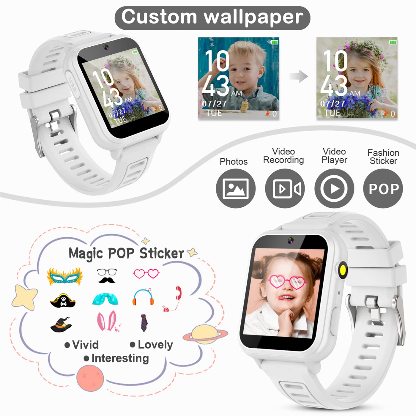Kids Game Smart Watches Girls With 24 Puzzle Games Camera Music Player Pedometer Alarm Clock Calculator Torch, 12/24 Hr Hd Touch