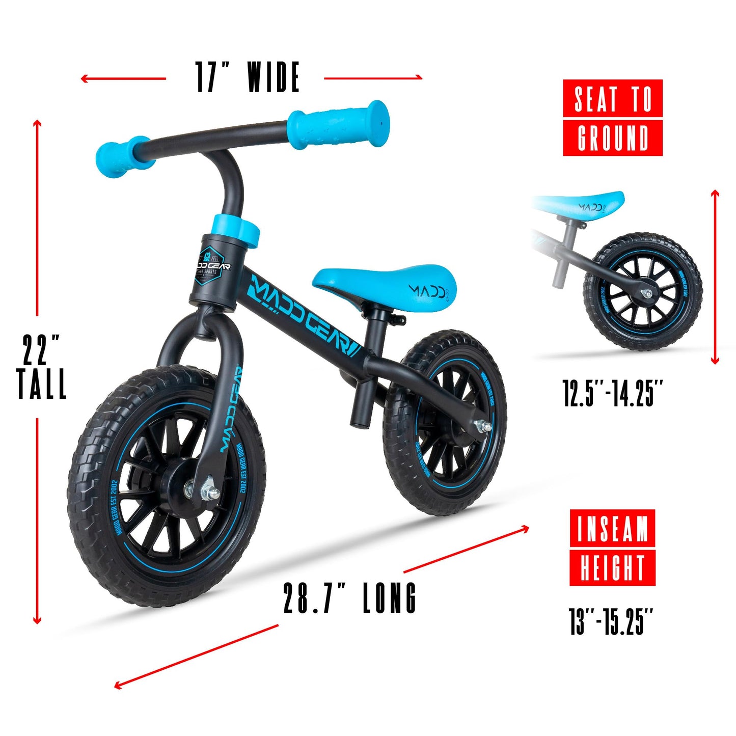Madd Gear Balance Bike For Toddlers - 18 Month To 4 Years - No Pedal Lightweight Training Bicycles - Adjustable Seat And Maintenance Free 10 Inch Airless Tires - Great Birthday Gift (Black/Blue)