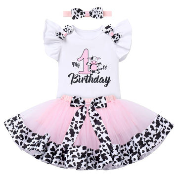 Cow Themed First Birthday Girl Outfit Romper Tutu Skirt Headband Cake Smash Photoshoot Toddler Baby Cows Print My 1St Birthday O