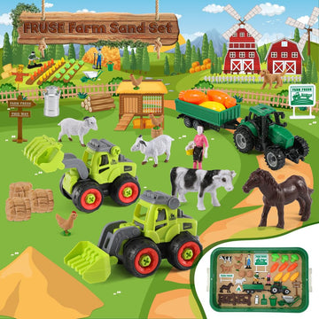 FRUSE Play Sand Farm Toys,Sensory Bins for Toddlers with 2.2lbs Sensory Play Sand,Farm Figures & Tractor Playset,Sandbox Toys fo