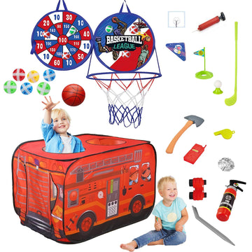Houzefun Pop Up Tents For Kids, Indoor Playhouse For Toddler With Golf, Dart, Basketball Hoop And Firefighting Playset, Camping