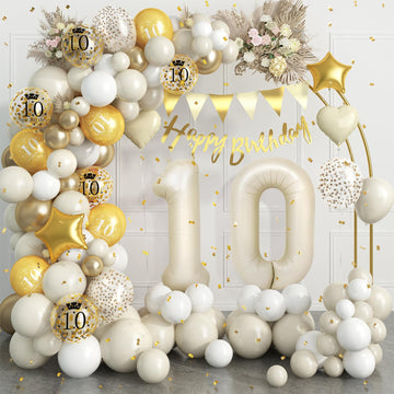 10Th Birthday Decorations Sand White Gold,10Th Birthday Balloon Arch Garland Kit With Happy 10Th Birthday Number 10 Foil Balloon