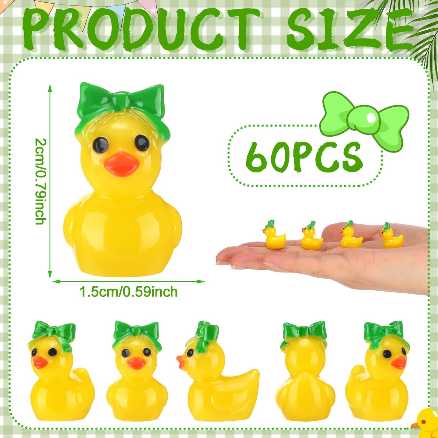 Weysat 60 Pcs Mini Green Cheer Resin Ducks Cheer Team Gifts Bulk Tiny Blue Bow Ducks Miniature Figurine Decoration Tabletop Shel