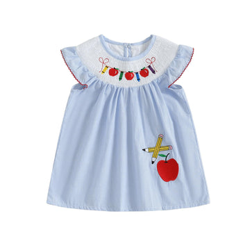 Toddler Girl Back To School Clothes Embroidery Smocked Dress Doll Collar Sundress First Day Of Pre Kindergarten Outfit (Fly Slee