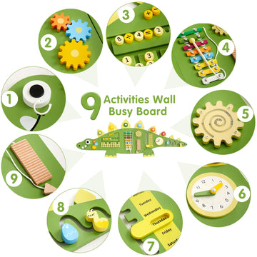 Beright Dinosaur Activity Wall Busy Board Panels, Montessori Sensory Toys, Toddler Learning Activity Center, Perfect For Toddler Playroom & Children'S Daycare, Green