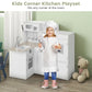Costzon Kids Corner Kitchen Playset, 8-In-1 Wooden Play Kitchen Toy Set W/Realistic Microwave, Oven, Stove, Refrigerator, Water