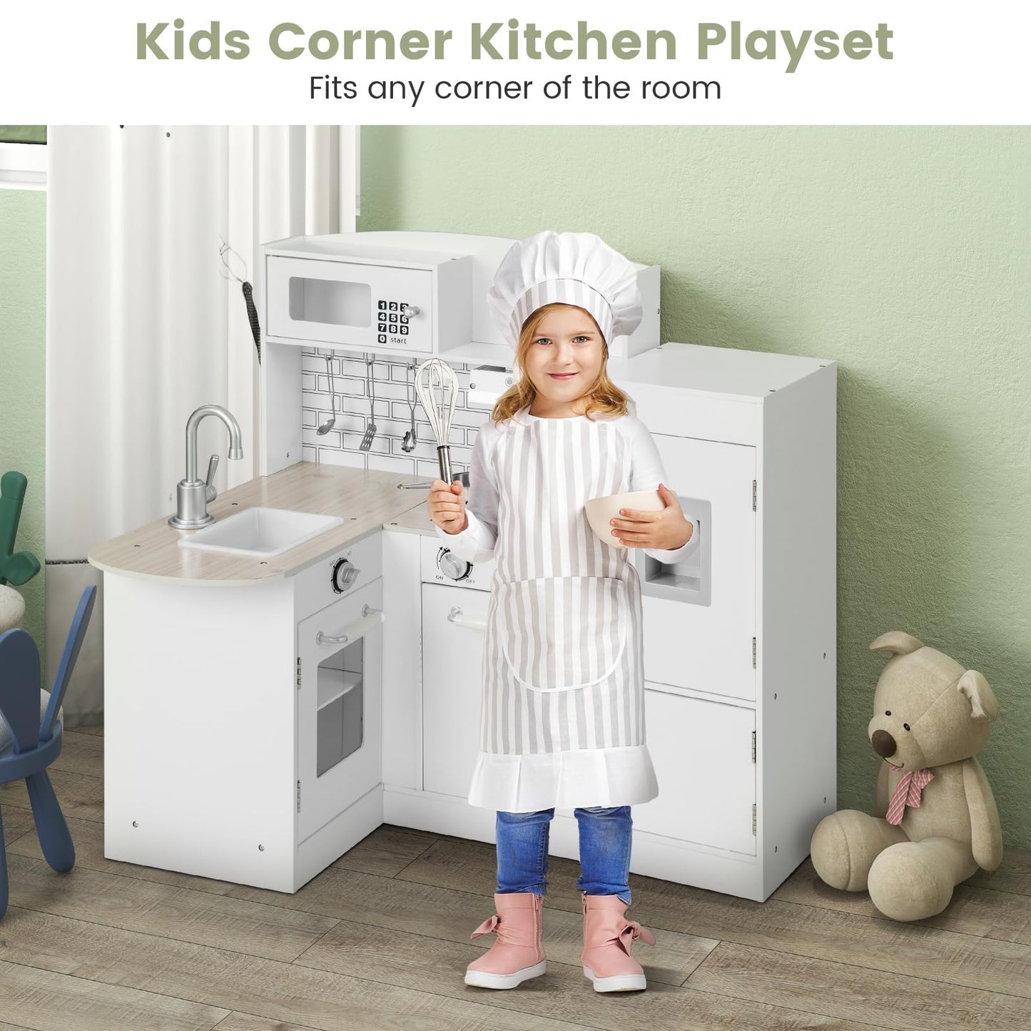 Costzon Kids Corner Kitchen Playset, 8-In-1 Wooden Play Kitchen Toy Set W/Realistic Microwave, Oven, Stove, Refrigerator, Water