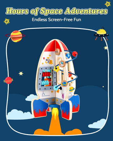 Gleamkid Baby Space Rocket Wooden Activity Cube Montessori Toys, 6-In-1 Sensory And Educational Learning Toys With Bead Maze Aba