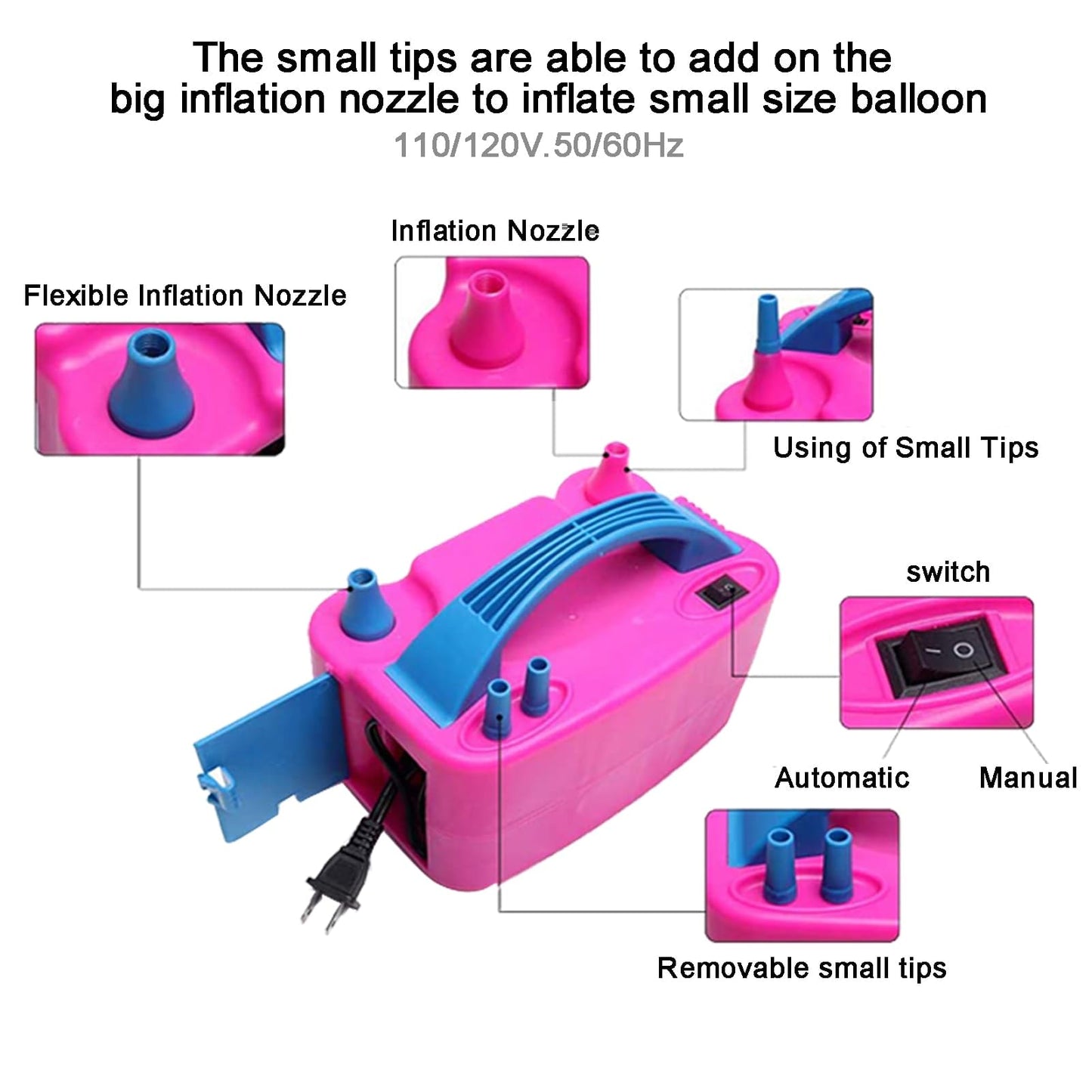 Balloon Pump 600W 110V Electric Balloon Pump Portable Electric Inflator Balloon Air Pump-2 Tying Tools Balloon Blower for Party