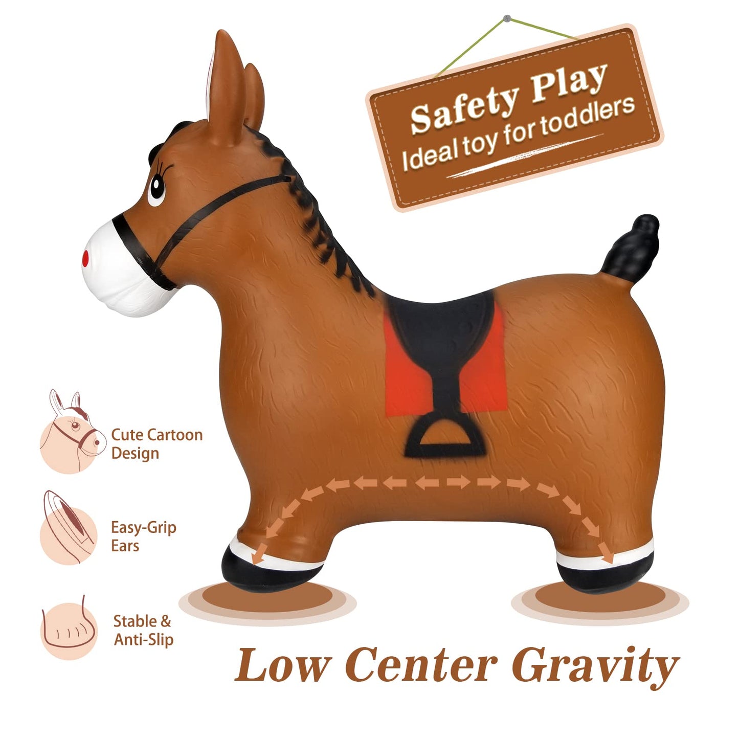INPANY Bouncy Horse Hopper - Brown Inflatable Jumping Horse Toy for Kids, Rubber Material, Pump Included