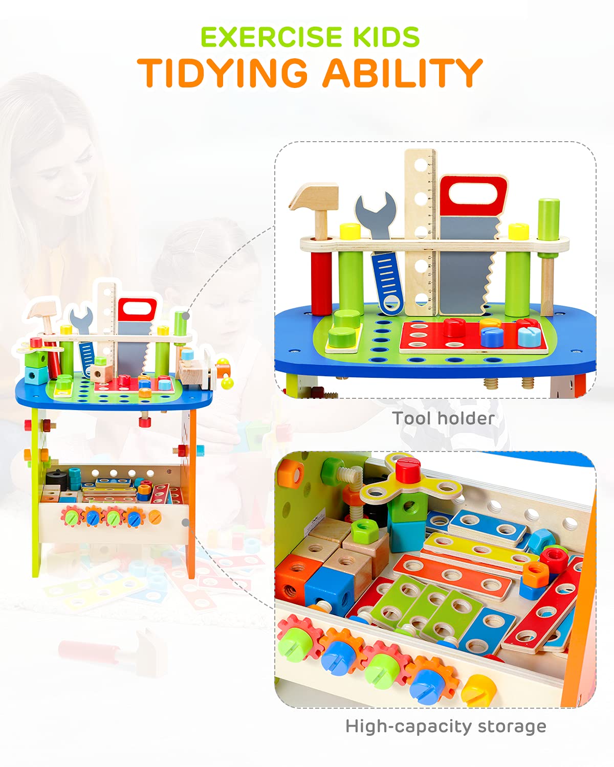 Ohuhu Kids Tool Set: 89Pcs Wooden Toddler Tool Workbench Toy Set with Construction Learning Educational Bench Play Toys for Boys