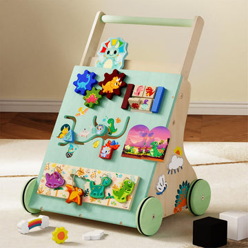 Terramus Wooden Baby Walker, Dinosaur Toddler Push Walker, Montessori Learning Activity Center For Boys Girls, Develops Motor Sk