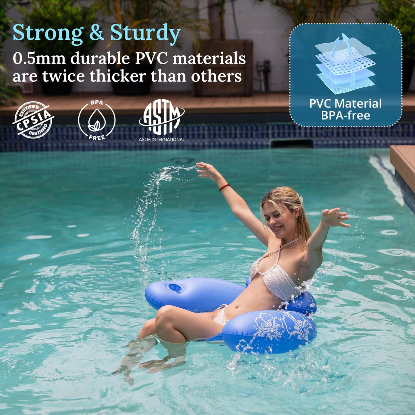 Sunrio Inflatable Pool Float Chair With Ergonomic Headrest Pool Floaties Floating Pool Chair Lounge Floats For Swimming Pool With Cup Holder Comfort Cool Mesh Vent Seat For Adults