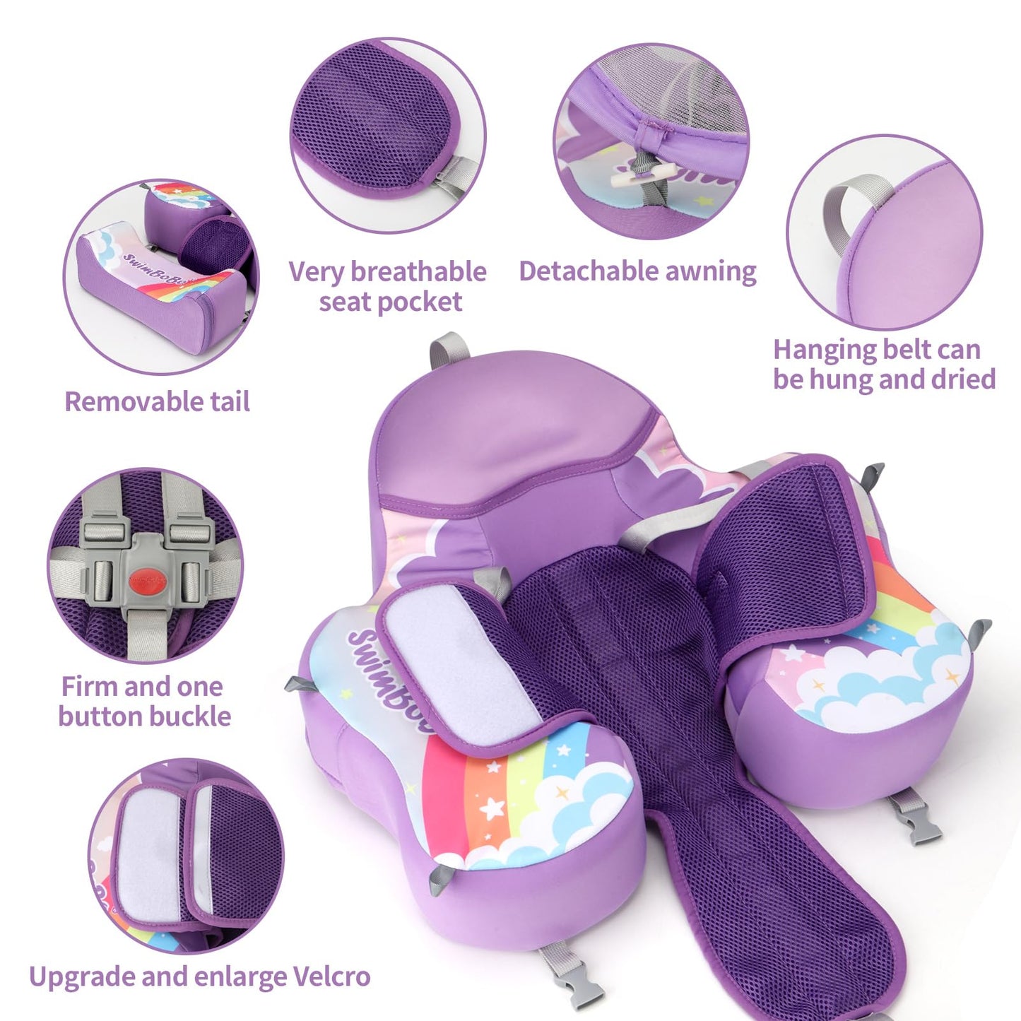 Swimbobo Baby Floats for Pool with Canopy Non Inflatable Soft Skin-Friendly Fabric Material Infant Swim Float for Boys and Girls Swimming Pool Toys (Purple)