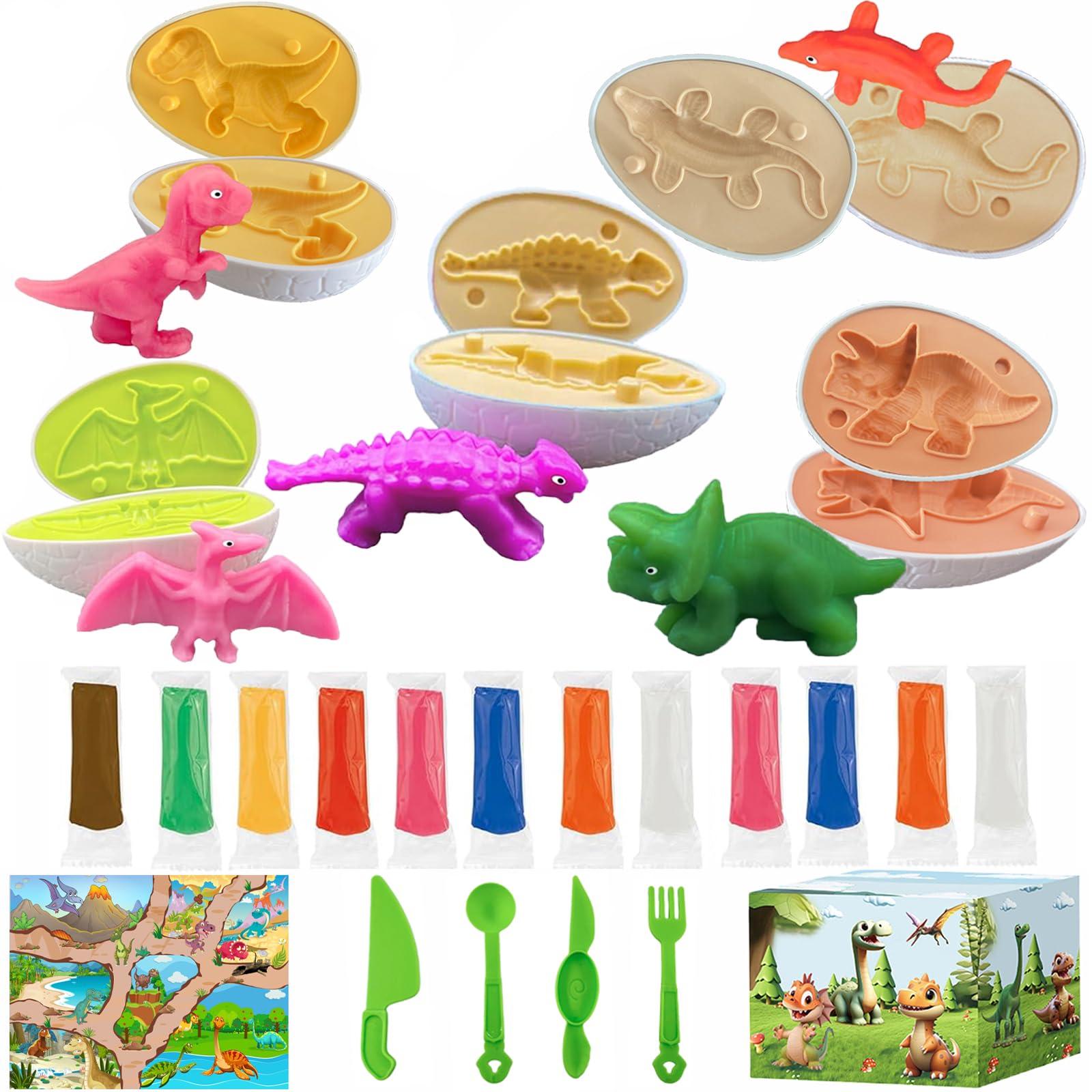 Iceacrin Playdough Dinosaur Eggs Sets, Easter Basket Stuffers for Toddler, Playdough Sets for Kids Ages 4-8, Easter Dino playdoh