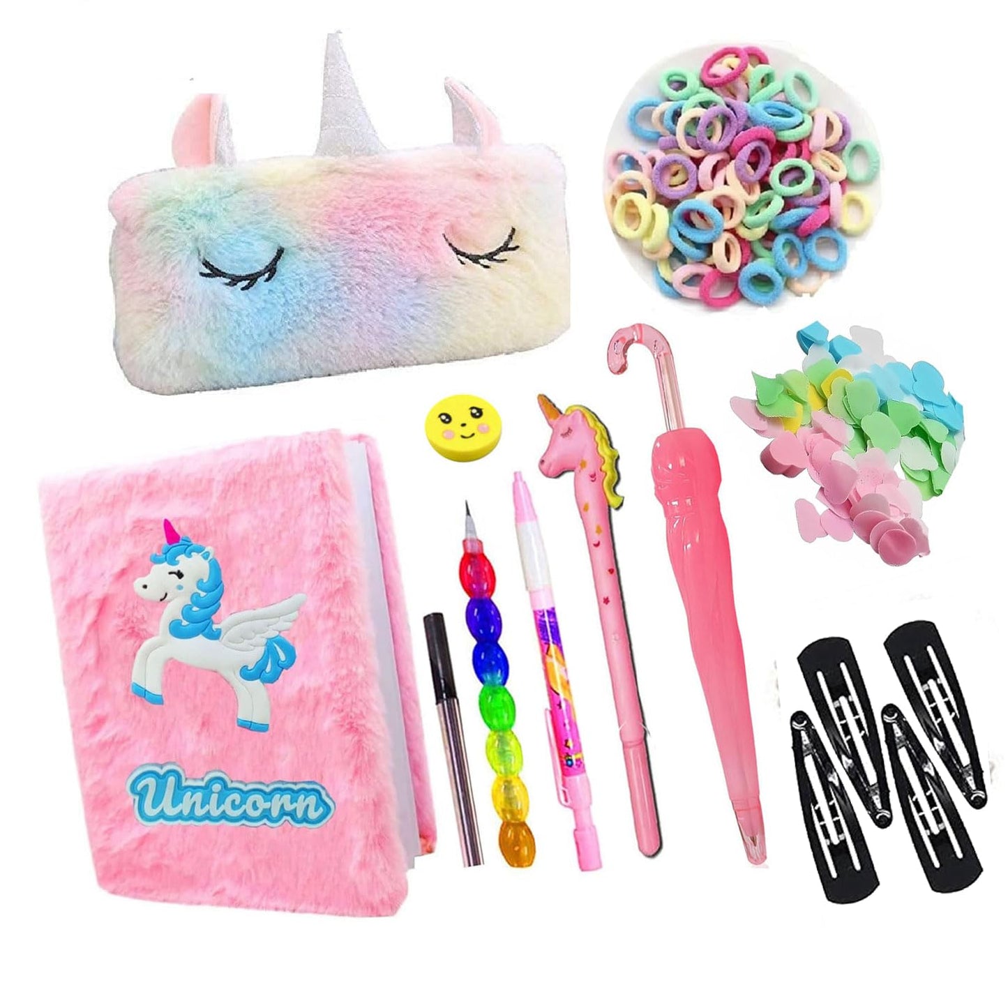 Krisus 12Pcs Unicorn Stationery Set For Girls, A6 Size Fur Diary, Fur Pouch 2 Pen, 2 Pencil Eraser, Paper Soap, Eraser, 20 Rubbe