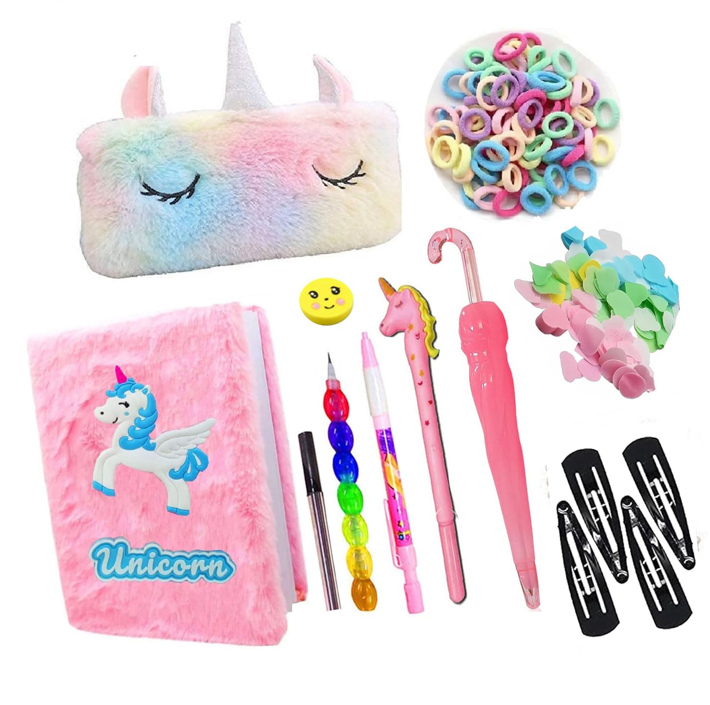 Krisus 12Pcs Unicorn Stationery Set For Girls, A6 Size Fur Diary, Fur Pouch 2 Pen, 2 Pencil Eraser, Paper Soap, Eraser, 20 Rubbe