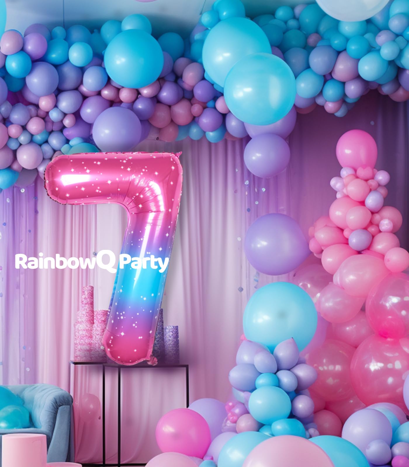 Rainbowq 7 Balloon Number 40 Inch For Boy Or Girl Big Starry 0-9 Foil Mylar Large 7 Number Balloon Happy 7Th Birthday Party Anni