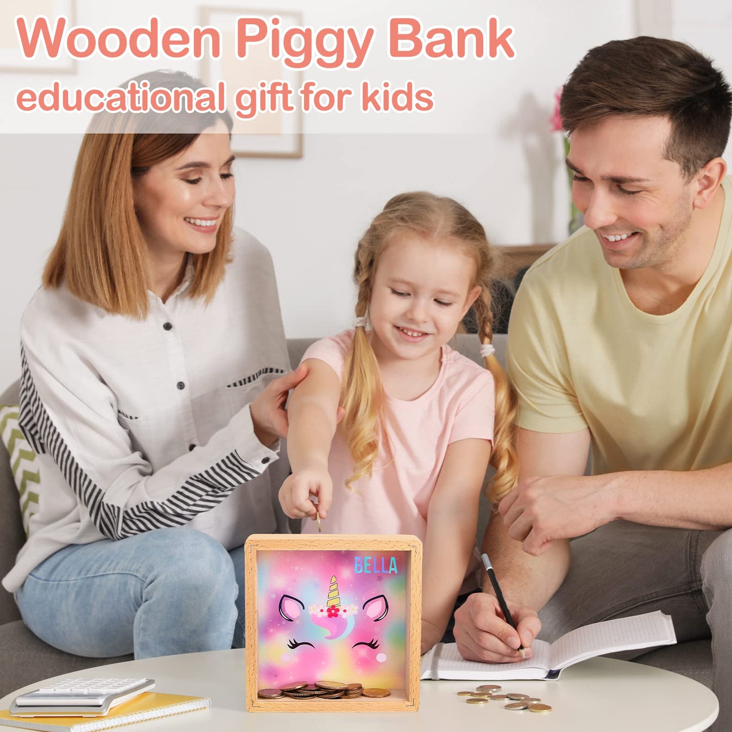 Piggy Bank Girls, Wooden Piggy Bank For Kids Unicorn Money Bank Coin Bank With Diy Letter Stickers,Colorful