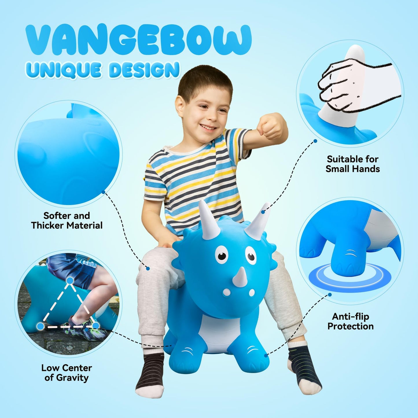 VangeBow Dinosaur Bouncy Horse for Toddlers, Inflatable Ride-On Hopper Toy, Medium Size, Softer PVC, Perfect for 1-5 Year Olds, Pump Included