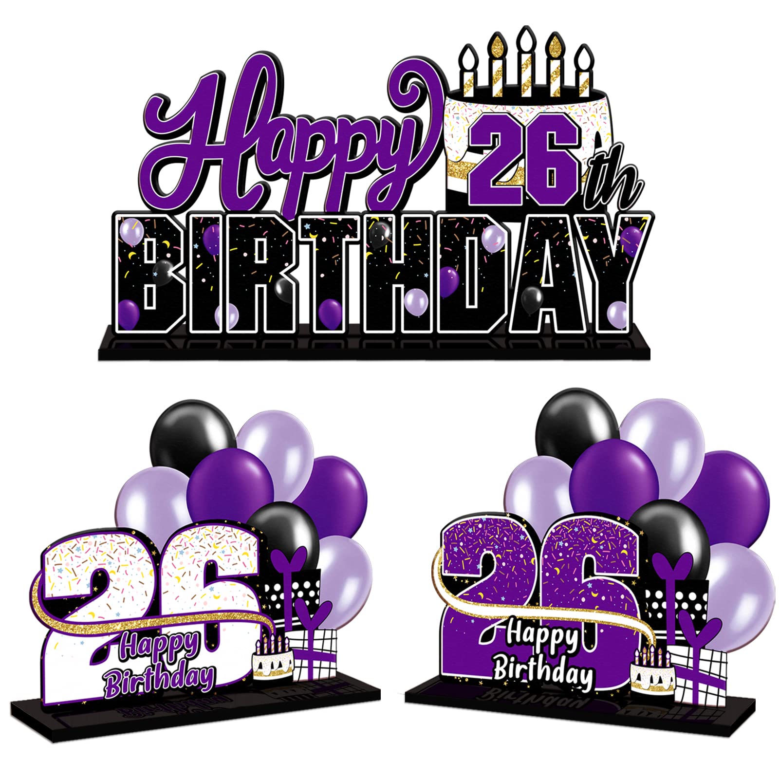 Lingteer Happy 26Th Birthday Purple Acrylic Table Topper Centerpieces Set - Cheers To 26 Years Old Birthday 26Th Bday Party Gift Decorations.