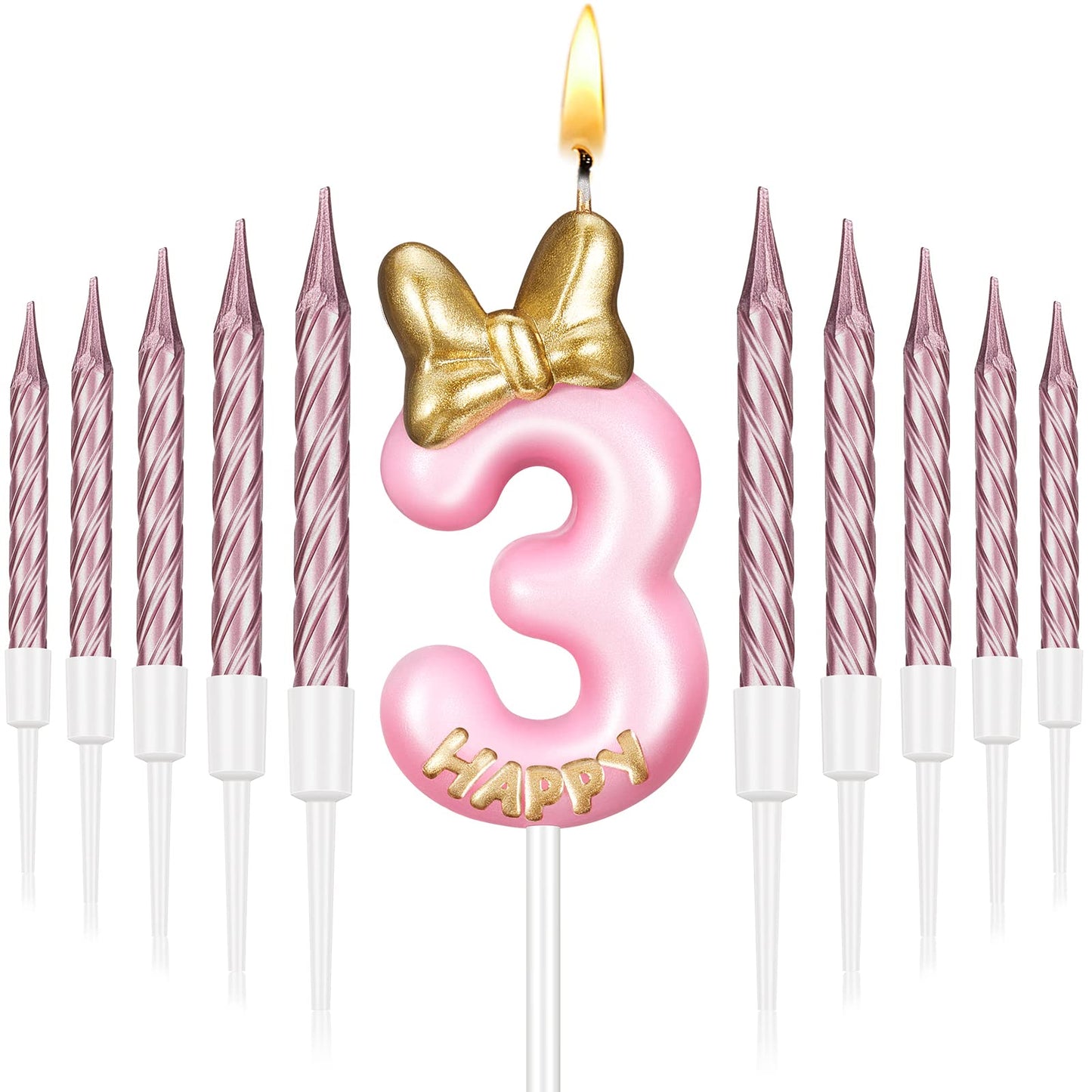 BBTO Number 3 Birthday Candle Pink Birthday Candle Girl with 10 Pieces Pink Candles Long Thin Cupcake Candles in Holders for Cak