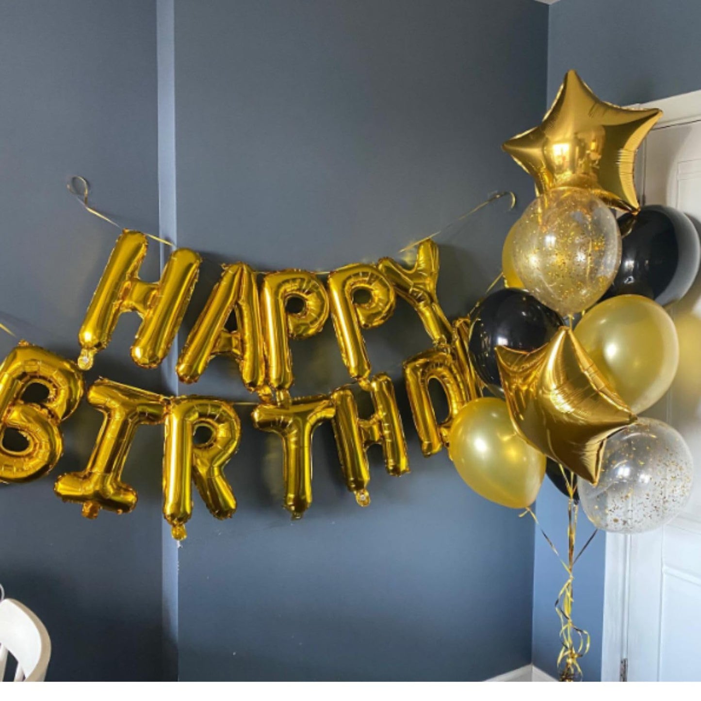 Happy Birthday Balloons Banner, Gold Happy Birthday Foil Balloons 16 Inch Mylar Foil Letter Balloons With 8 Pcs Black Gold Star