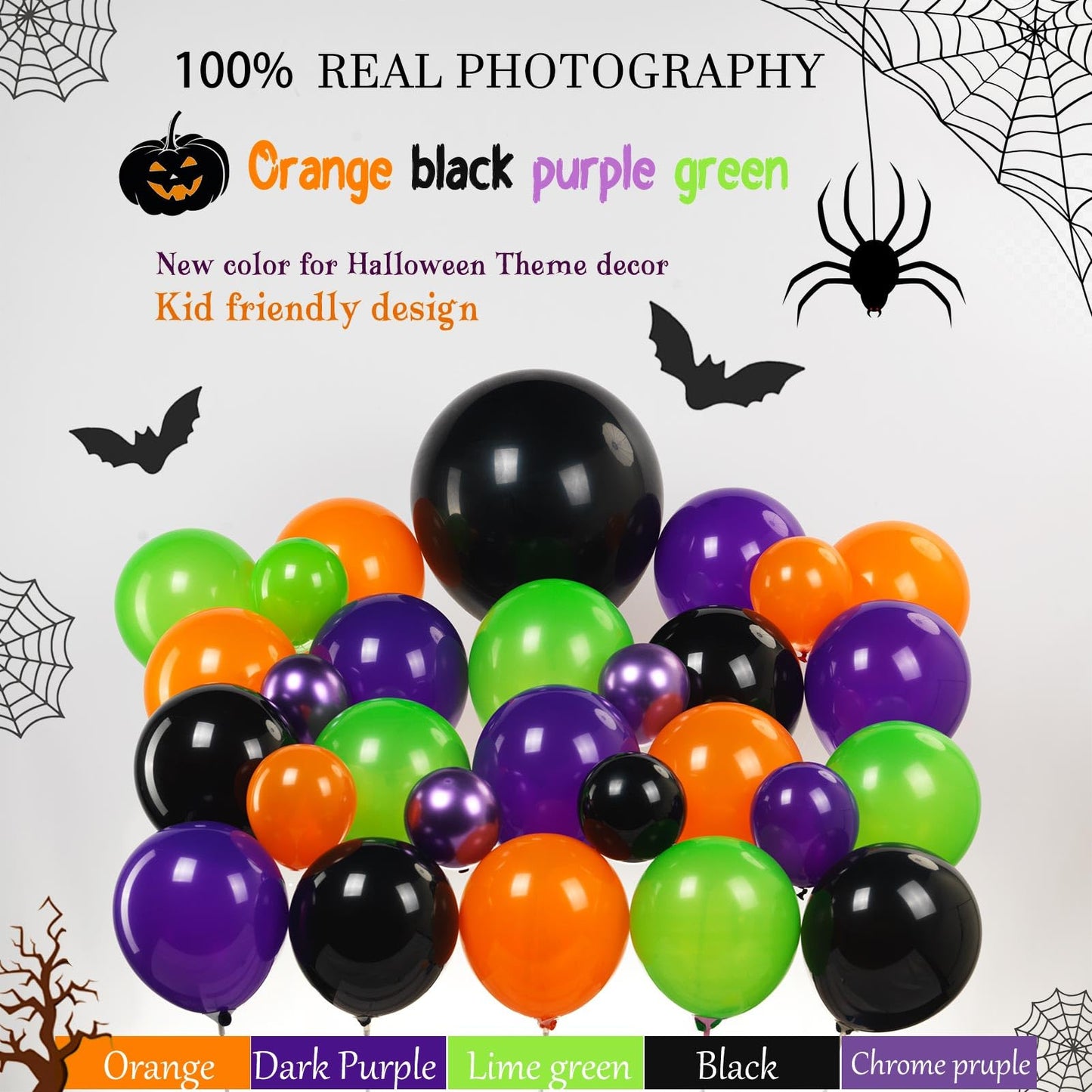 Halloween Balloon Garland Arch Kit, 133pcs Orange and Black with Spider Web Bat Ghost Pumpkin Eyes, Long Balloons for Halloween