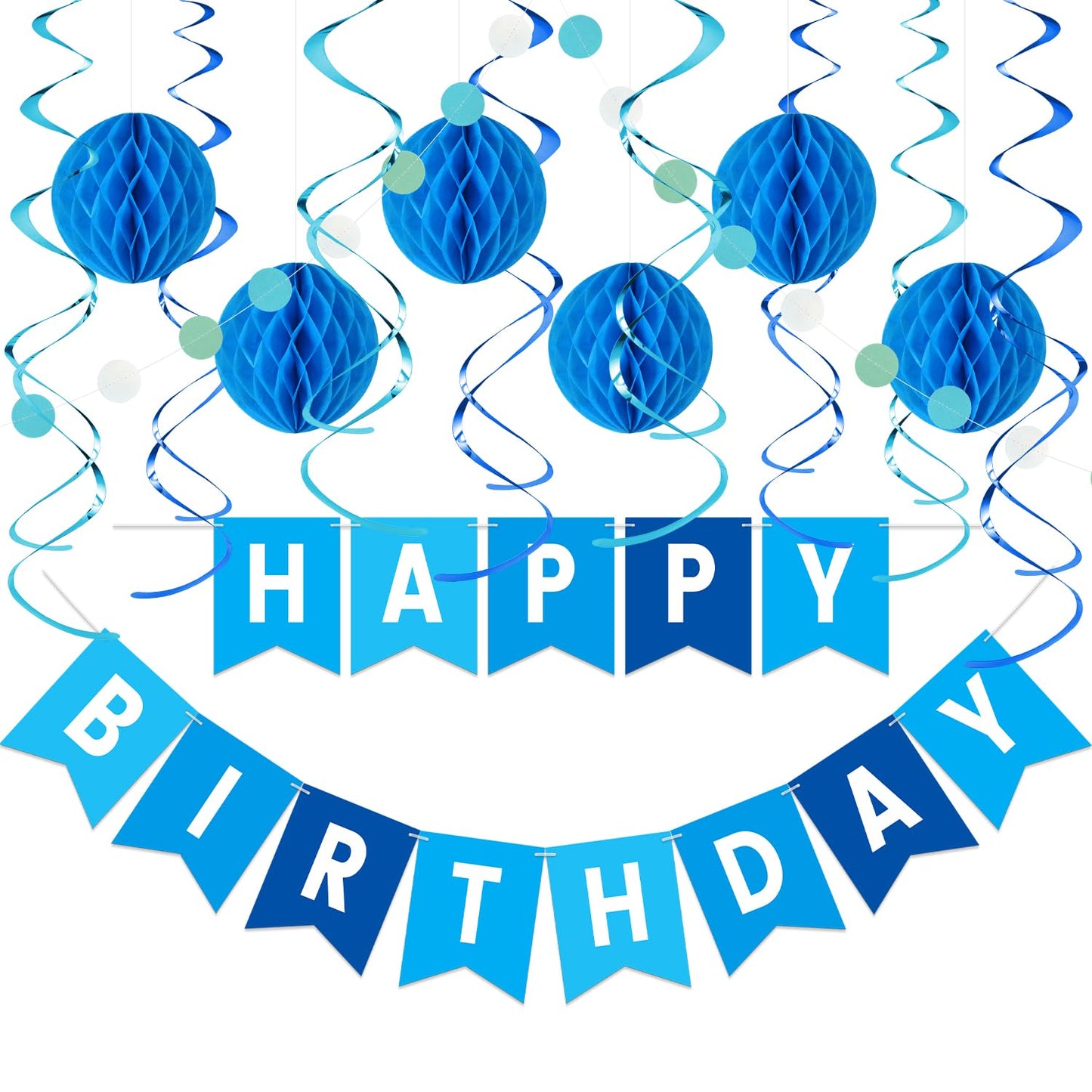 LITAUS, Birthday Decorations, NO DIY - Pack of 16 | Blue Happy Birthday Banner, Honeycomb Balls, Swirls, Garland | Happy Birthda