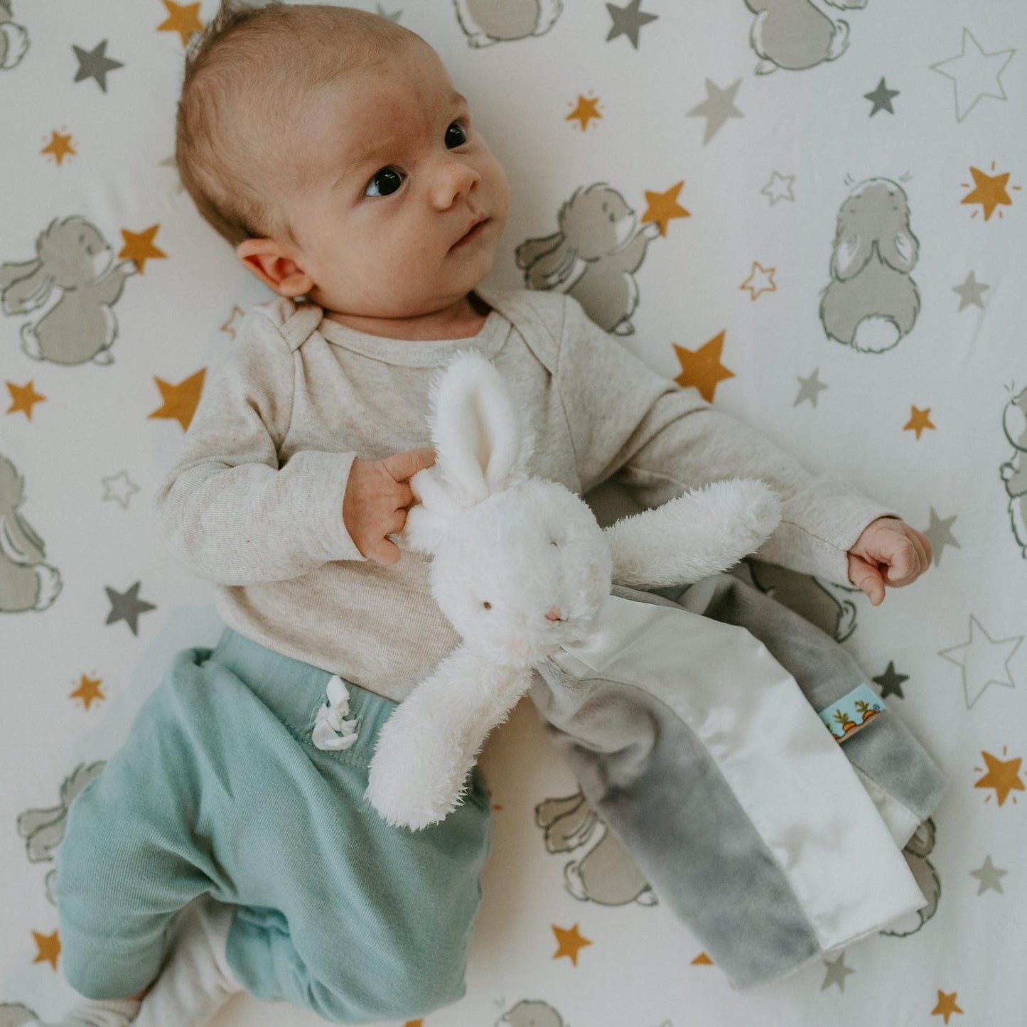 Bunnies By The Bay Bloom Bunny Bye Bye Buddy - Travel Size Baby Lovey - 11 inch Stuffed Rabbit and Baby Blanket - Super Soft Vel