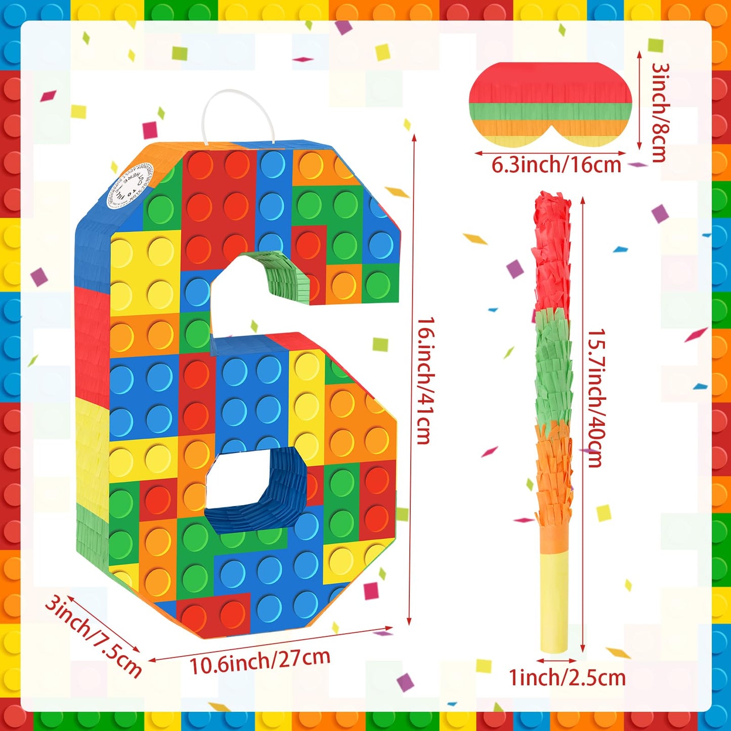 Hooqict Building Blocks 6th Birthday Pinata Set - Number 6, Cardboard, Multicolor, Includes Stick & Blindfold for Kids Party Supplies