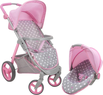 509 Crew: Cotton Candy Pink: Doll Travel System - Pink, Grey, Polka Dot -For Dolls Up To 18', Foldable, Retractable Canopy, Kids Pretend Play, Ages 3+