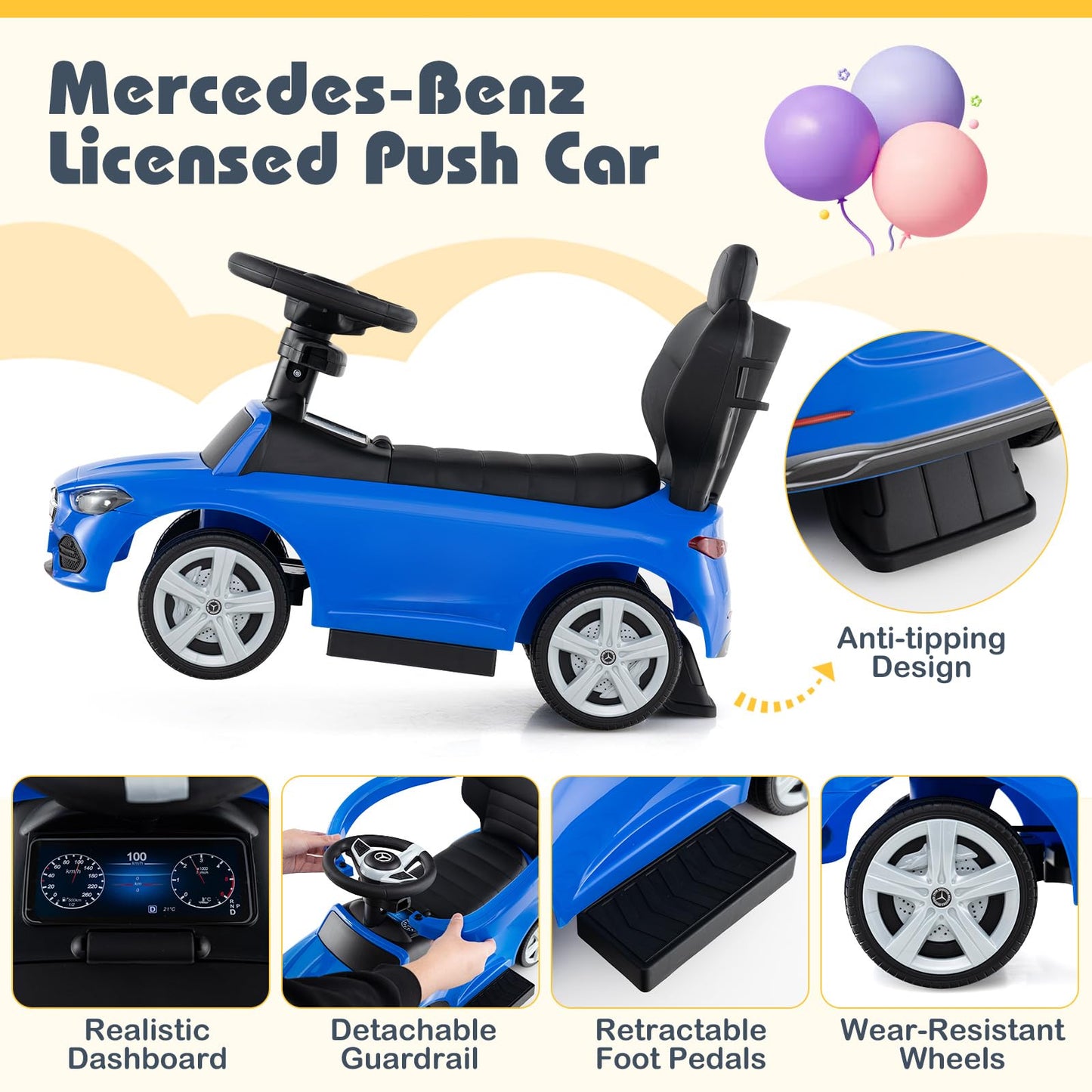 Costzon Push Car for Toddlers  3 in 1 Mercedes Benz Stroller Sliding Walking Car w/Canopy  Handle  Safety Bar  Horn Sound  Underneath Storage  Foot-to-Floor Ride On Toy for Boys & Girls (Blue)