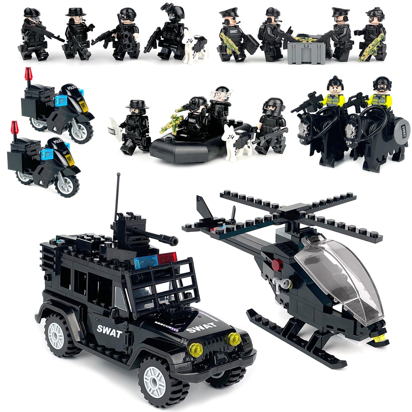 Koowants SWAT Set with 12 SWAT Officers  2 Mounted Police with Horse - 1 Helicopter  1 protective coveringed SWAT SUV Vehicle and 2 Motorcycle Safe & Durable ABS - Great Gift for Kids  Boys  and Collectors