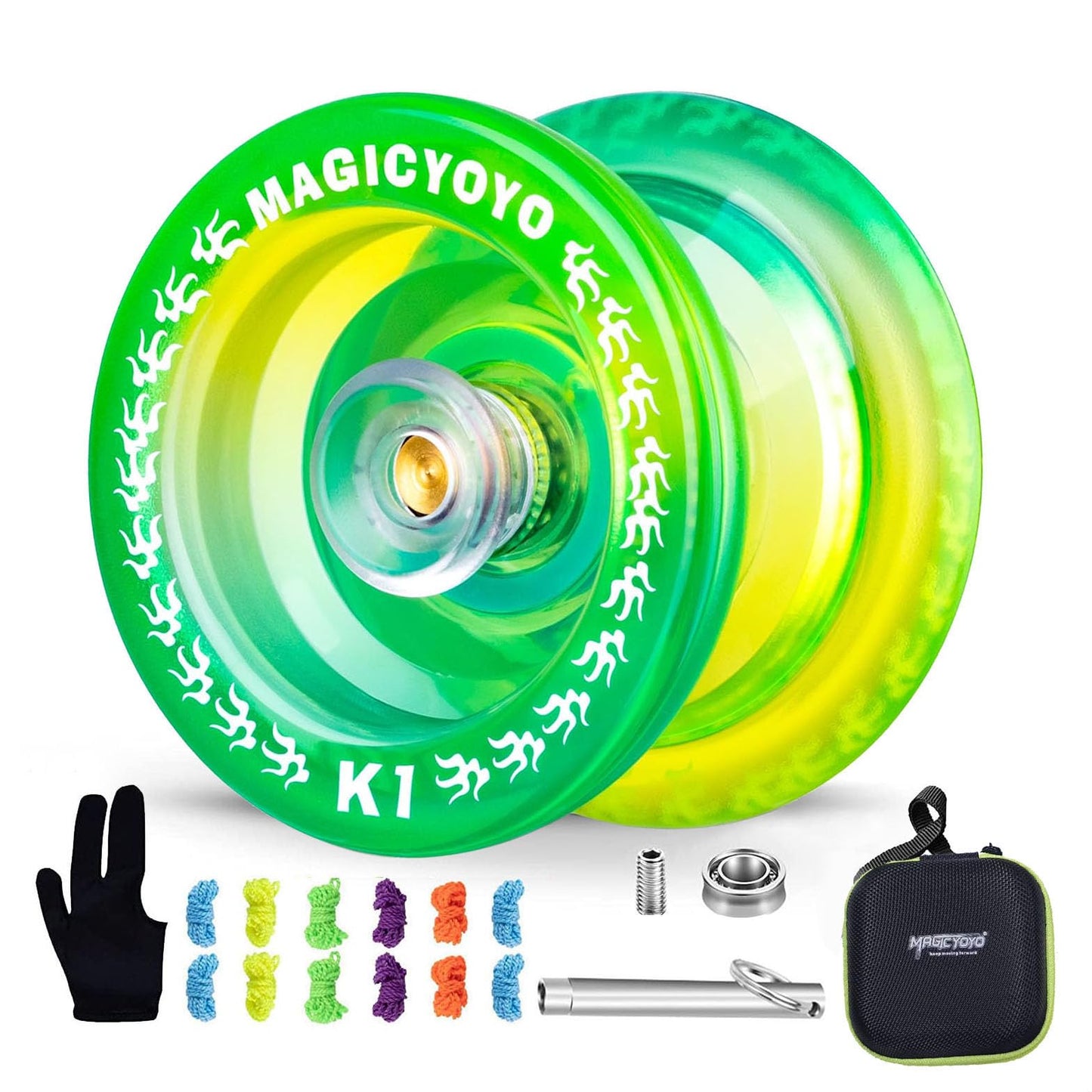 MAGICYOYO K1 Responsive Yoyo for Kids Beginners  Finger Spin Yoyo Tricks  Plastic Yoyo for mature-themed with Unresponsive Yoyo Bearing + Axle + Yoyo Glove+ Square Yoyo Case+ 12 Yoyo Strings (Green Yellow)