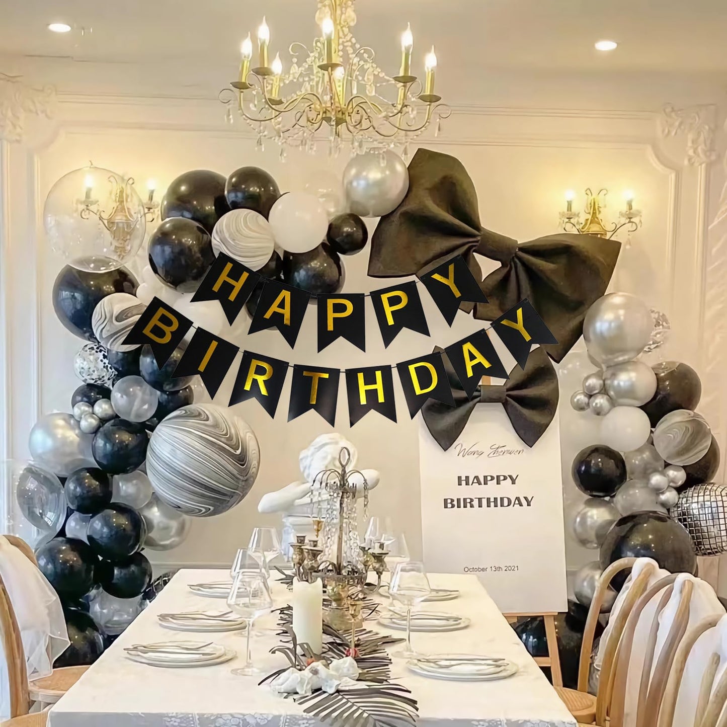 Happy Birthday Banner,Happy Birthday Decorations Black And Gold Birthday Flag Bunting For Birthday Party Backdrop Decor,Happy Bi