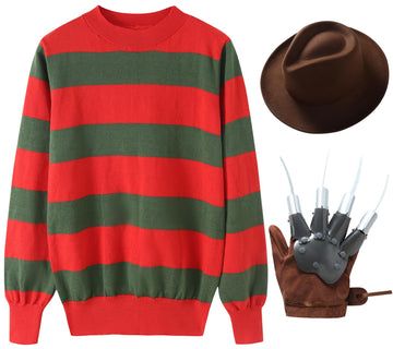 Eforpretty Halloween Costume For Kids Boys Freddy Krueger Knitted Sweater Jumper With Leather Glove Set,11-12 Years