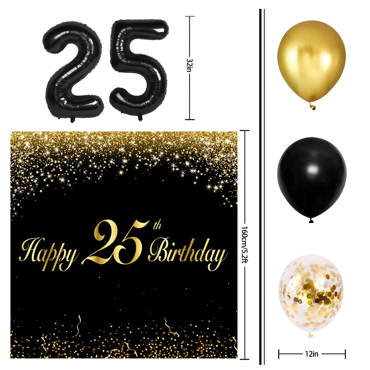 LINGPAR Happy 25th Birthday Balloons Black Set - Latex 25" Garland Banner Decorations for Men and Women