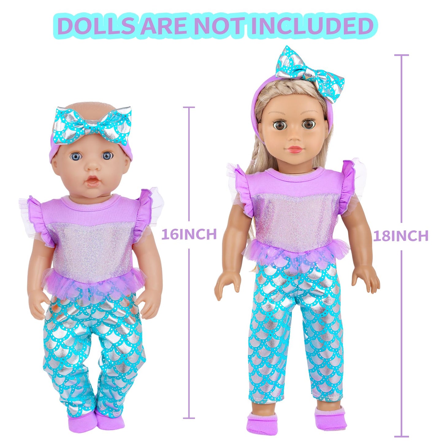 18INDC Baby Doll Clothes 16-18 Inch Mermaid -Themed Baby Dolls Accessories Set - Onesie Outfit  Blanket  Headband  Diaper  Bid  Bottle and Shoes