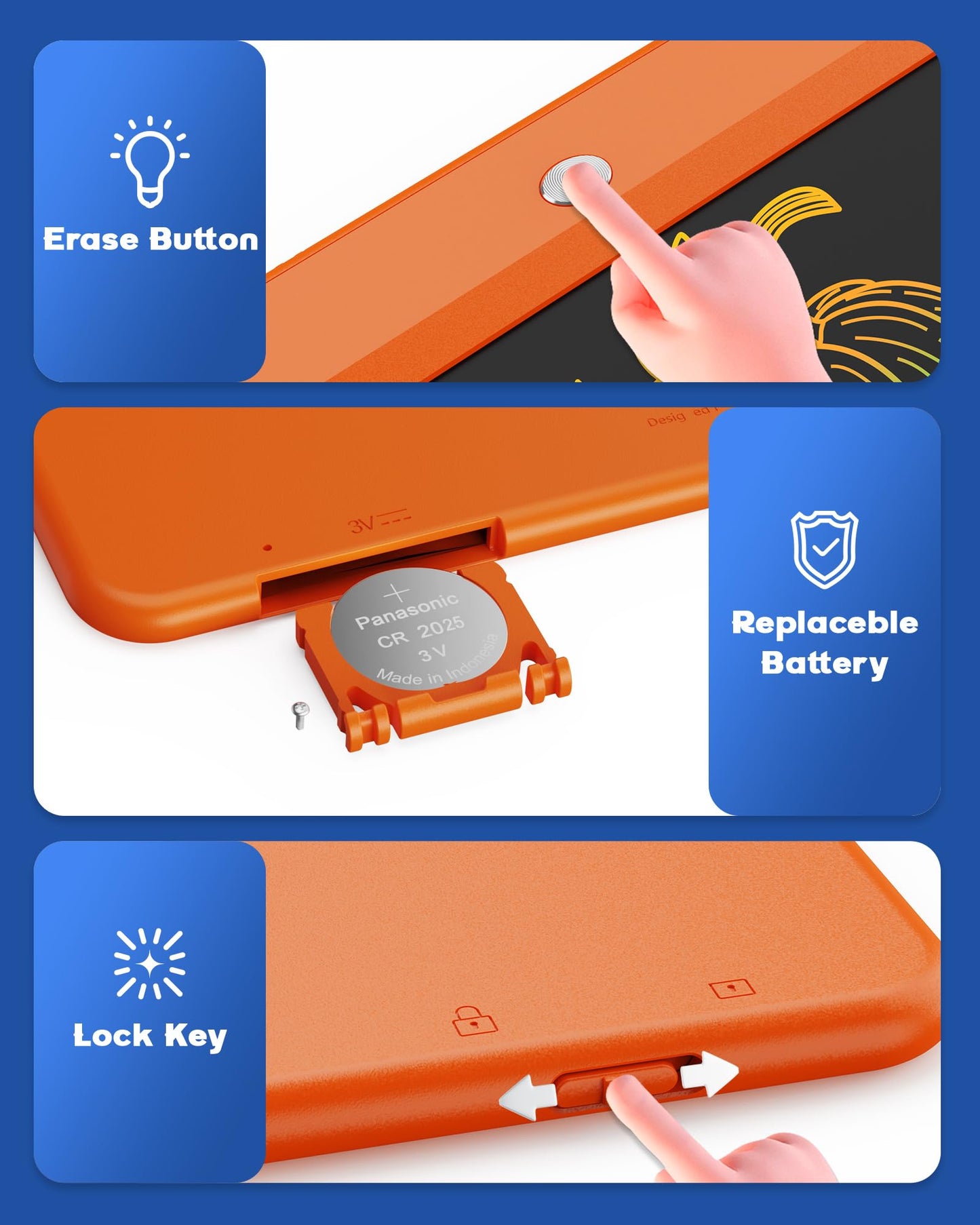 Bravokids LCD Writing Tablet 10 Inch Doodle Board, Orange, Educational Drawing Pad for Kids 3-8 Years Old