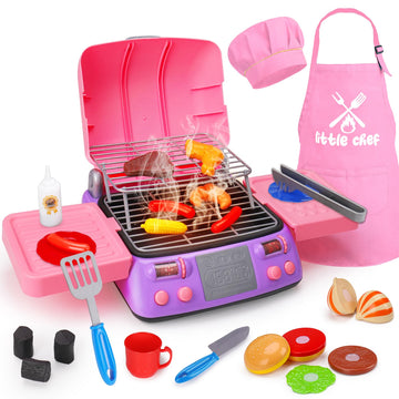 Kids BBQ Grill Playset with Coooking Apron Hat Toddler Girl Pink Kitchen Toy Ages 2-4 3-5 4-8 Pretend Smoke Sound Light Outdoor 