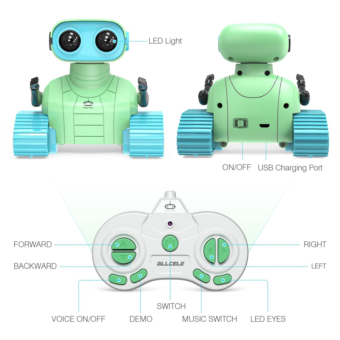 Allcele Robot Toys, Rechargeable Rc Robots For Kids Boys, Remote Control Toy With Music And Led Eyes, Ideal Gift For Children-Green Blue