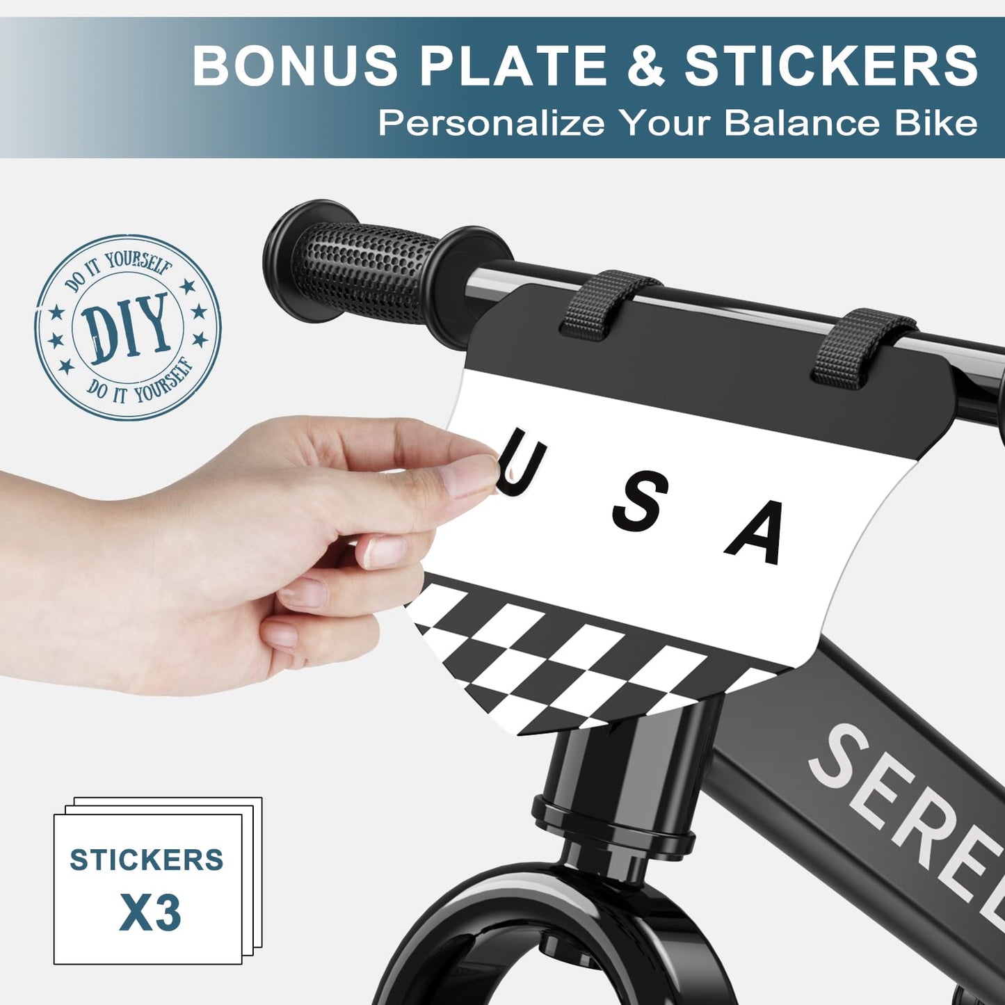 Sereed 12 Inch Toddler Balance Bike, No Pedal Bicycle For Kids 24 Months To 5 Years Old, Customize Plate (3 Sets Of Stickers Inc