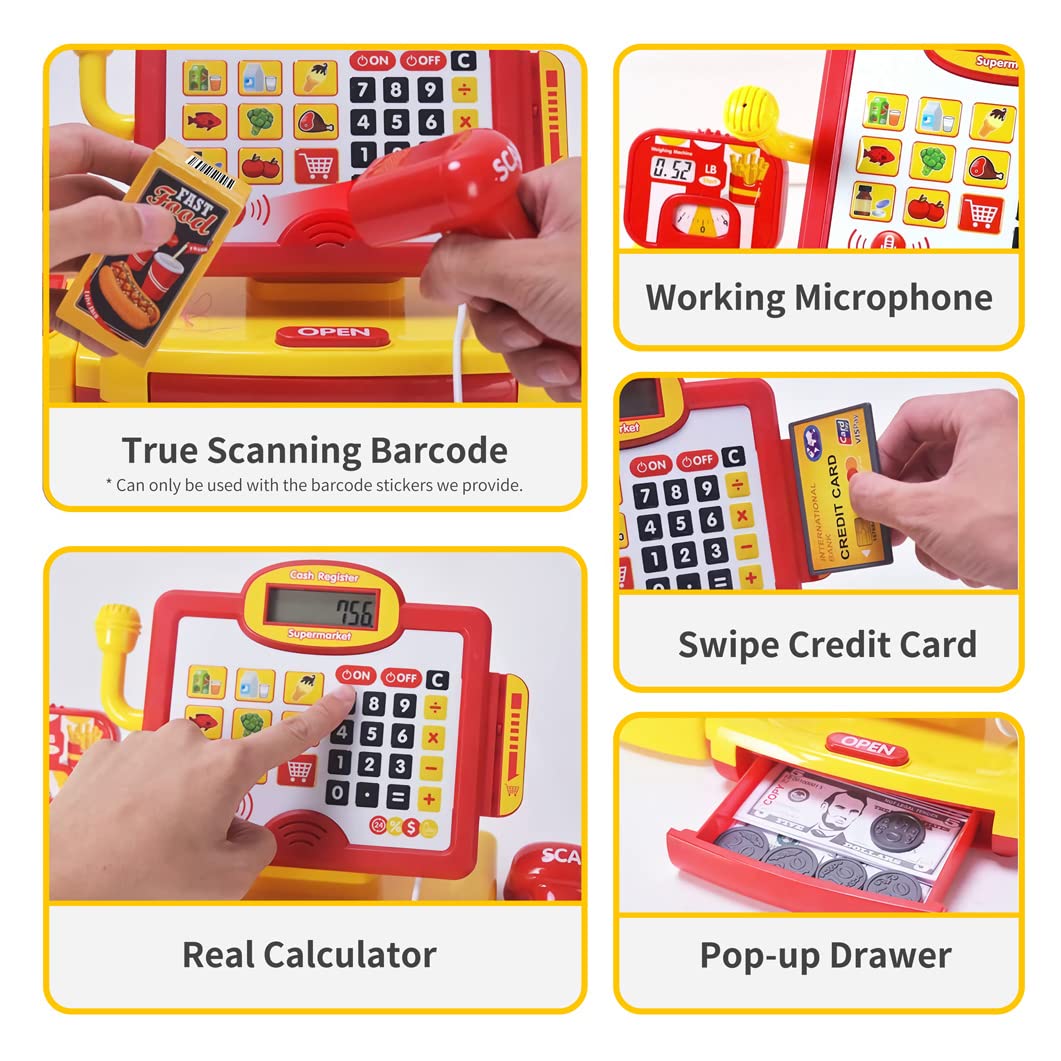 Fs Pretend Play Cash Register Toy With True Barcode Scanner & Calculator, Microphone, Play Food, Supermarket Cashier, Great Pre-